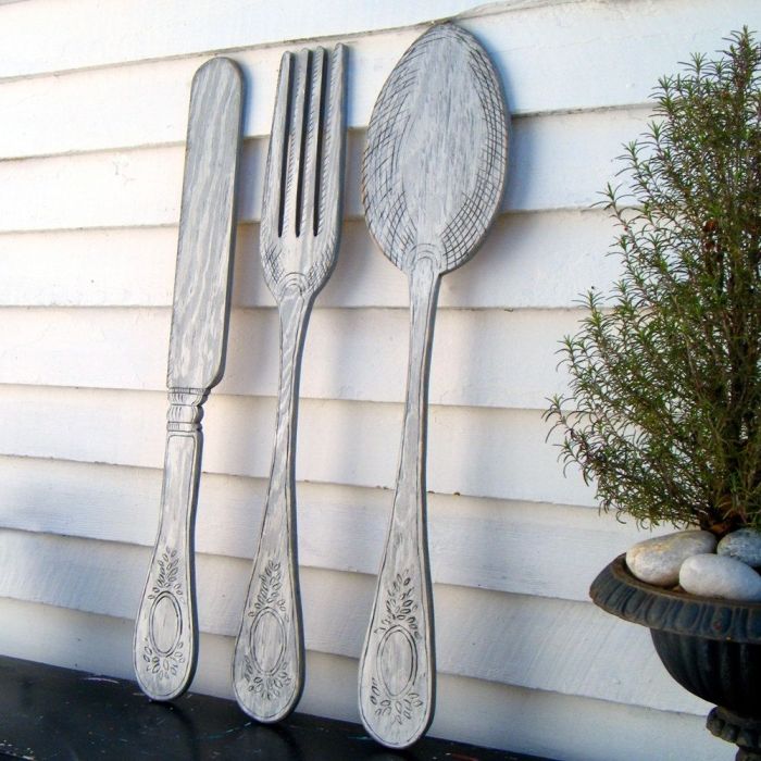 Giant wood fork and spoon wall decor